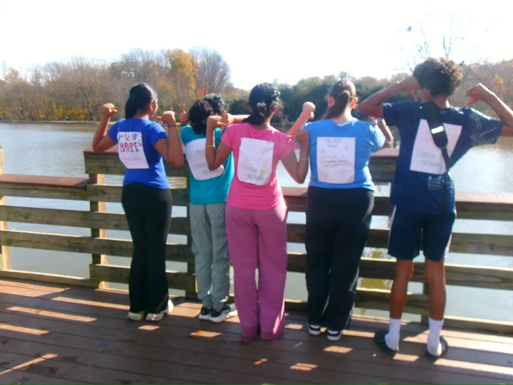 Volunteers looking out over the lake