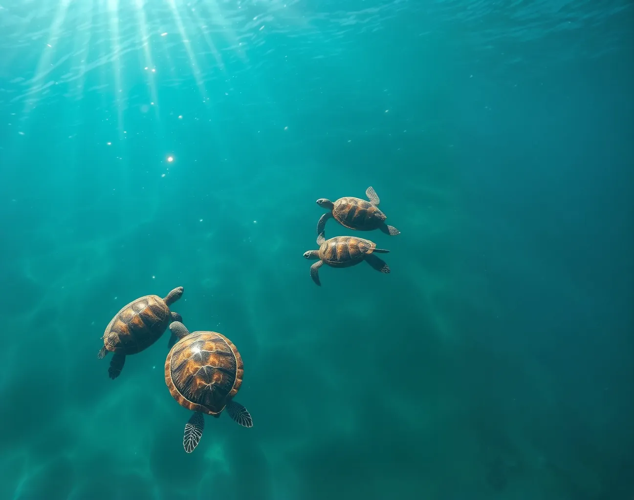 Three sea turtles swimming together in turquoise water